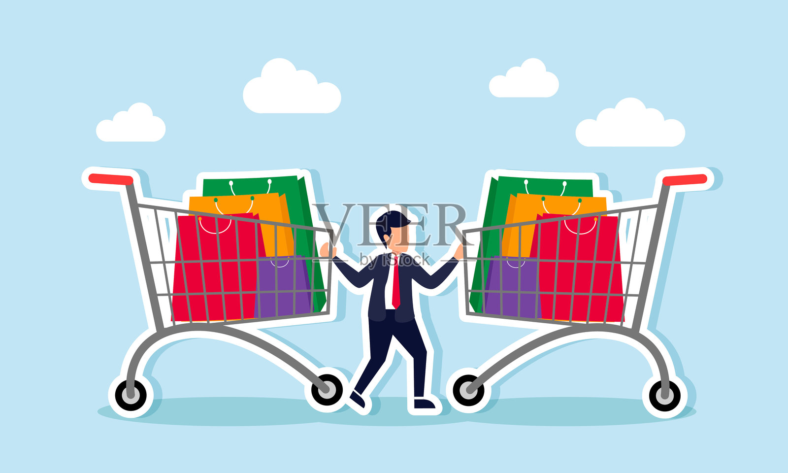 一个商人拿着两个移动的购物篮朝他走来，说明抵制非必需品消费或浪费钱的压力的概念插画图片素材