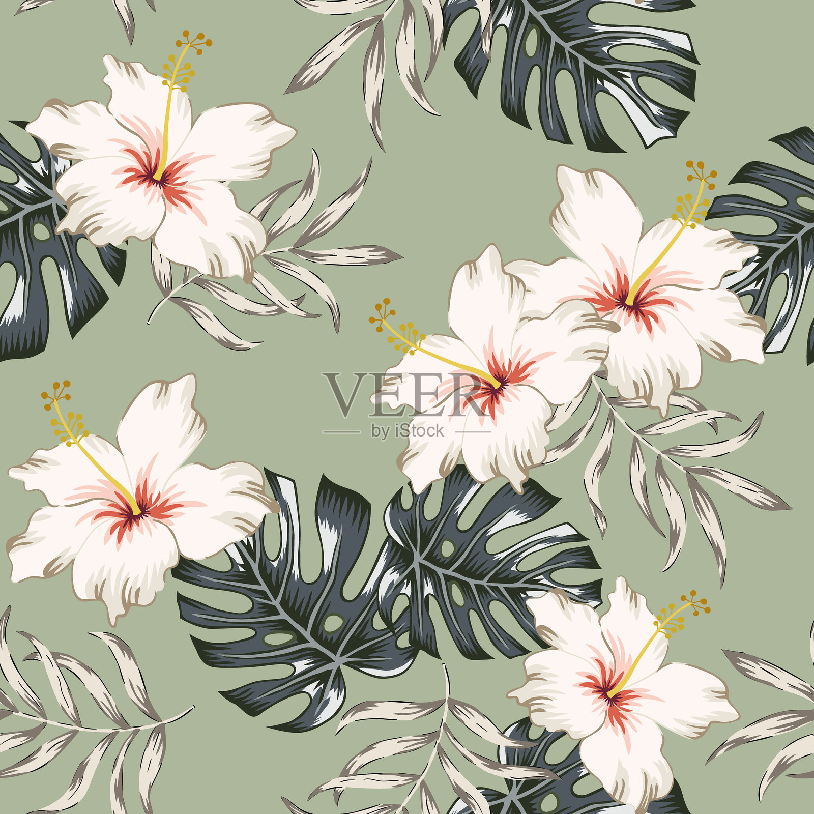 热带芙蓉花，怪物棕榈叶，绿色背景。矢量无缝模式。丛林树叶插图。奇异的植物。夏季海滩花卉设计。天堂自然插画图片素材