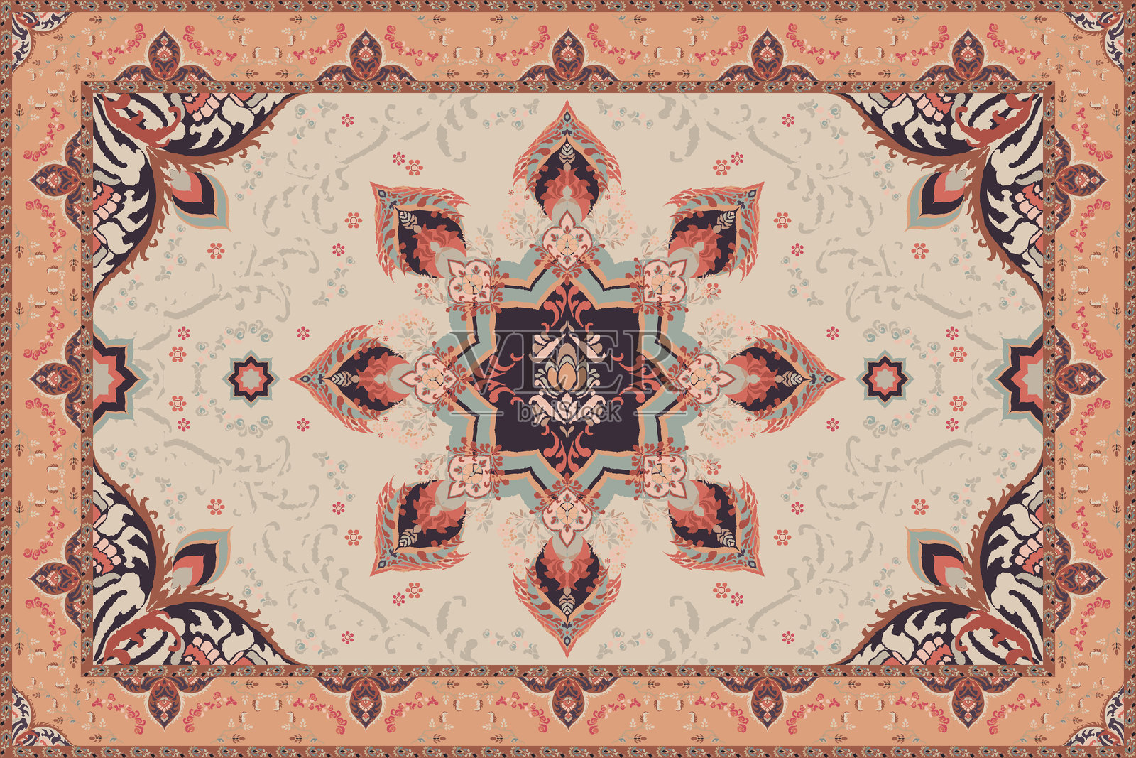 古阿拉伯图案。波斯彩色地毯。丰富的装饰用于织物设计、手工制作、室内装饰、纺织品。插画图片素材