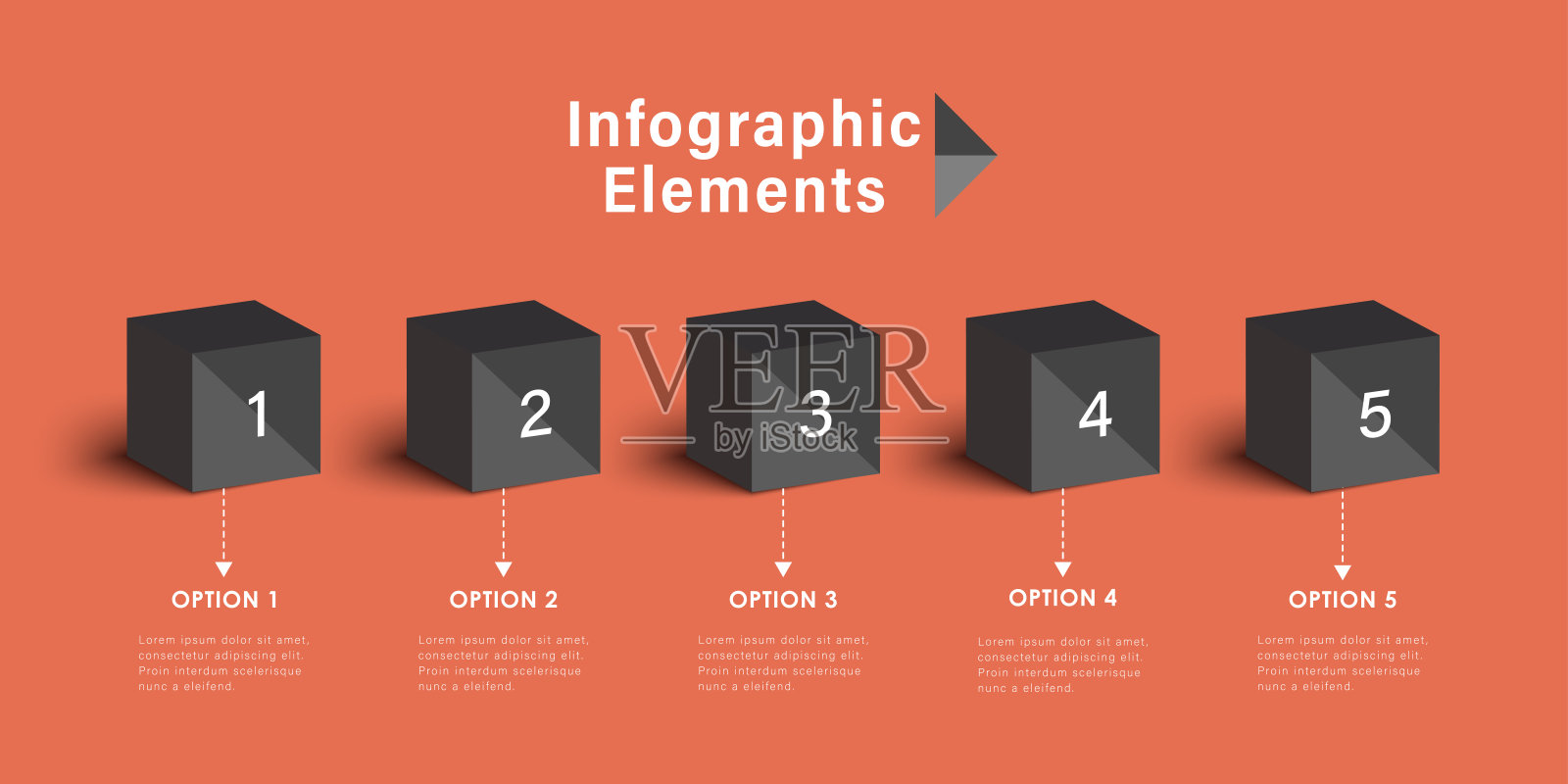 信息图模板和5个选项或步骤。橙色背景上的三维黑色立方体。工作流布局，图表，横幅，网页设计。矢量图插画图片素材