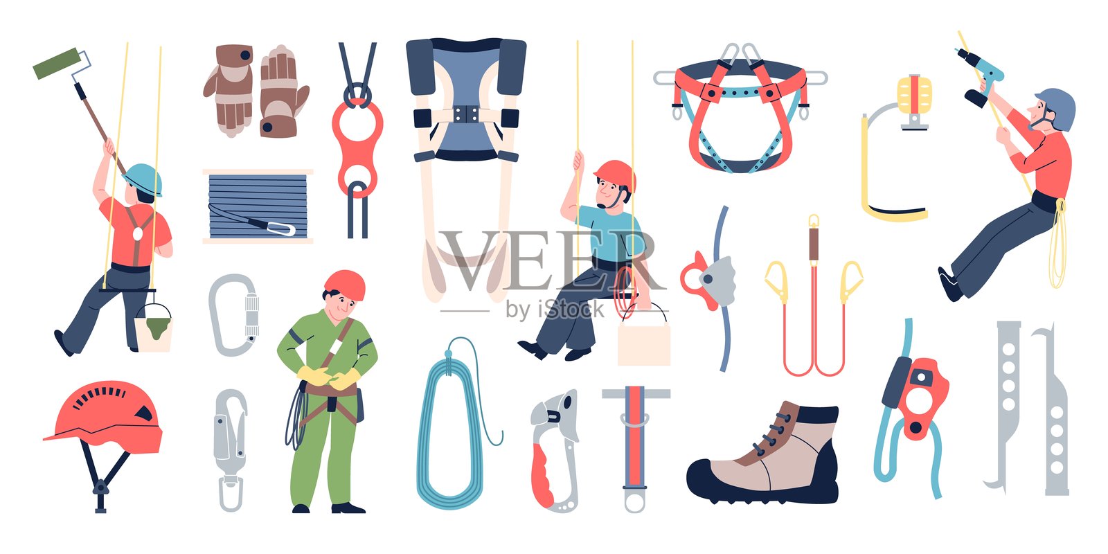 工业登山设备。不同的登山工具，靴子，绳索，金属钩扣，紧固件，头盔。危险工作的安全元件，最近的矢量集插画图片素材