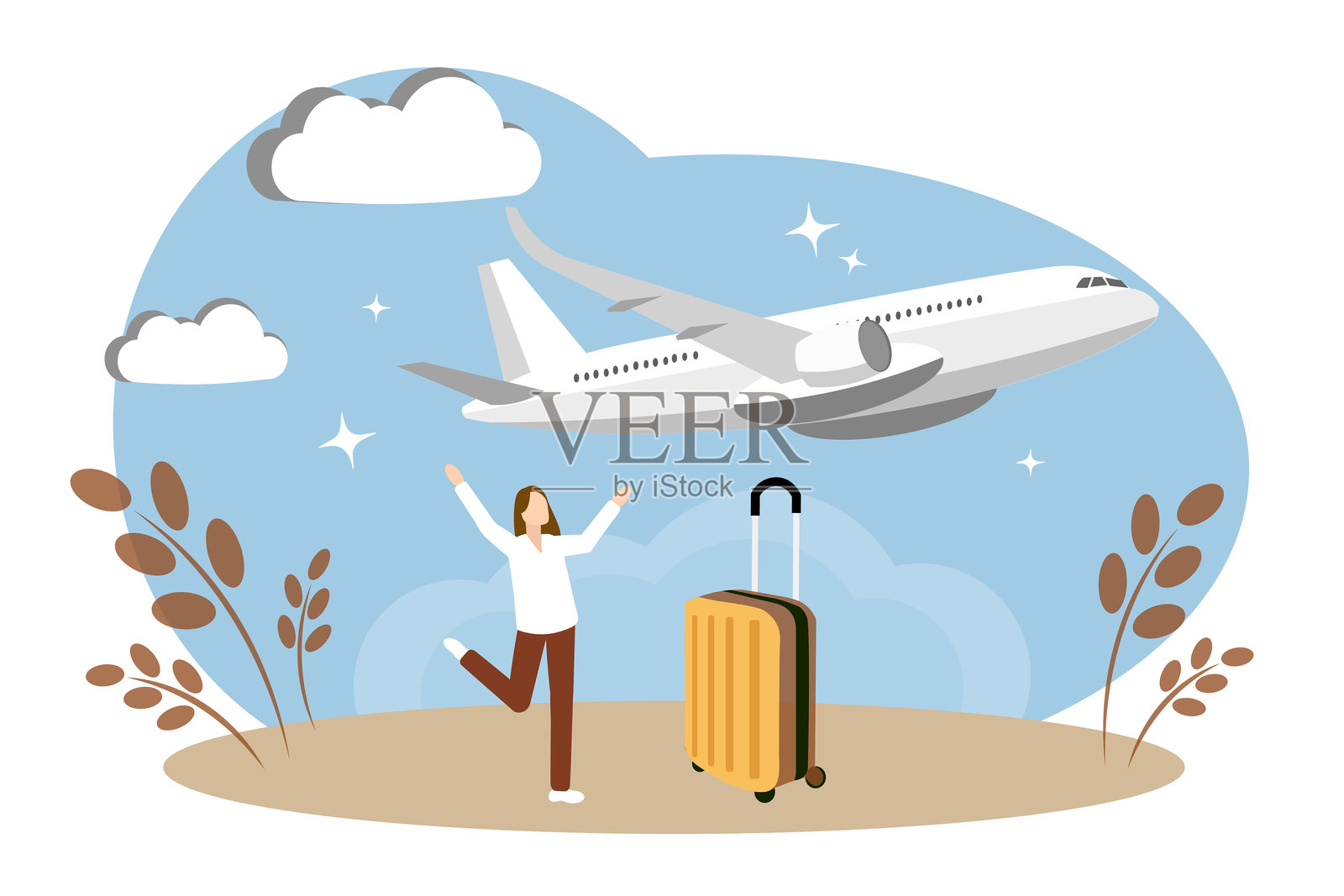 乘飞机旅行和飞行的概念。这个女人对这个假期很高兴。黄色的手提箱插画图片素材