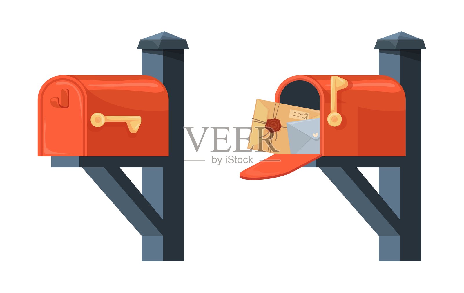 打开已关闭的邮箱。邮箱通信，邮政服务概念发送信封文件信息或纸质信件，邮资卡通矢量插图插画图片素材