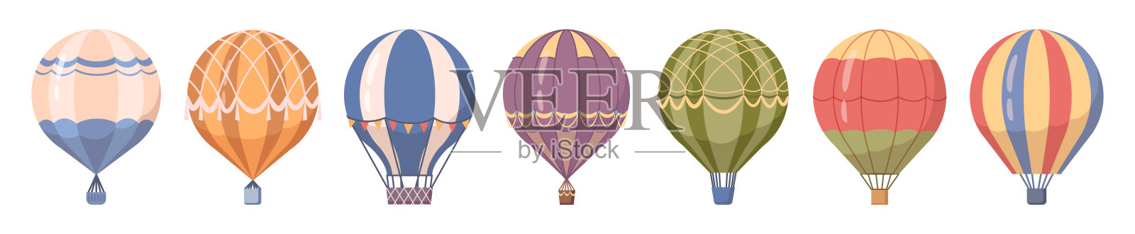 空中热气球平套。飞行矢量运输。为旅行而放飞气球。运输浮动浮空器的天空冒险。象征着梦想和旅行，旅行癖插画图片素材