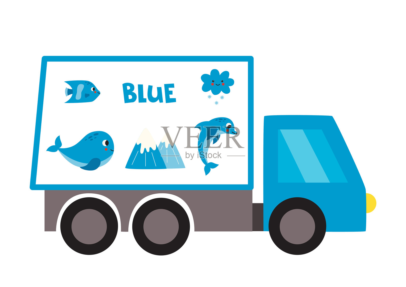 为孩子学习颜色。蓝色闪存卡。蓝色的卡车。插画图片素材
