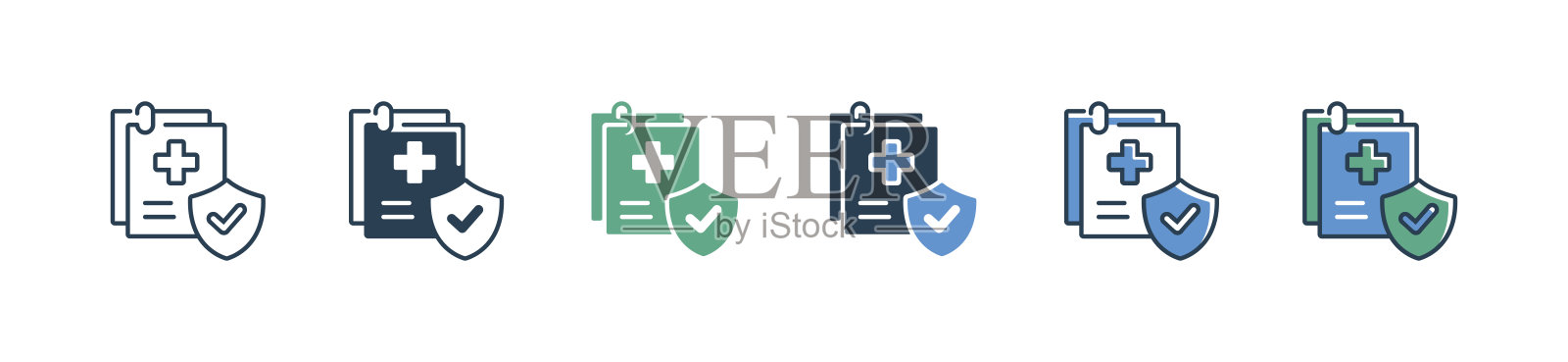 剪贴板健康保险批准的文档图标集与安全复选标记屏蔽验证保护标志矢量插图插画图片素材