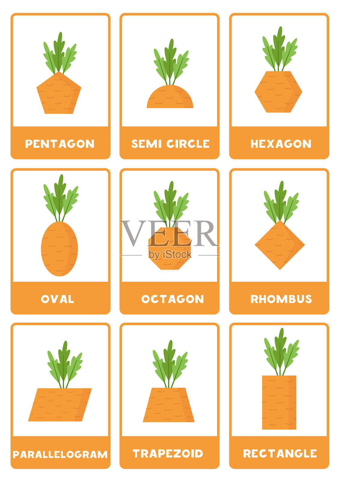 几何形状的胡萝卜。2d形状与名称。插画图片素材