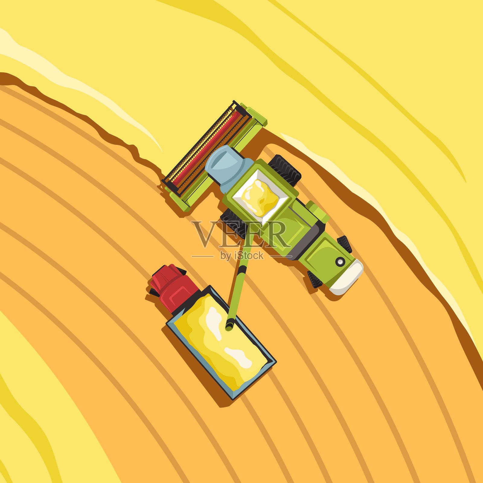 收割机俯视图。拖拉机或联合农业机械作物田，黑麦小麦玉米种植园农场收割农民车辆上犁，最近的卡通矢量插图插画图片素材