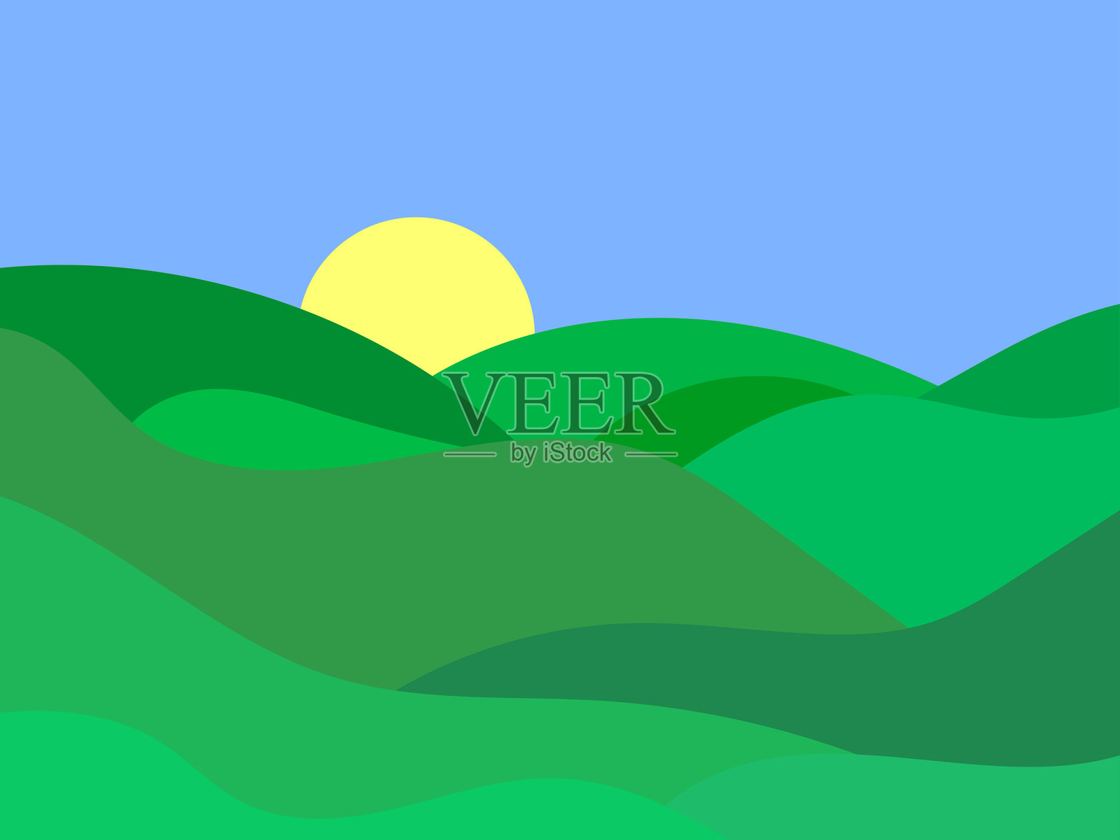 波浪形的风景，绿色的山丘和地平线上的太阳。黎明与极简主义风格的绿色草地。设计海报，印刷品和横幅。矢量图插画图片素材