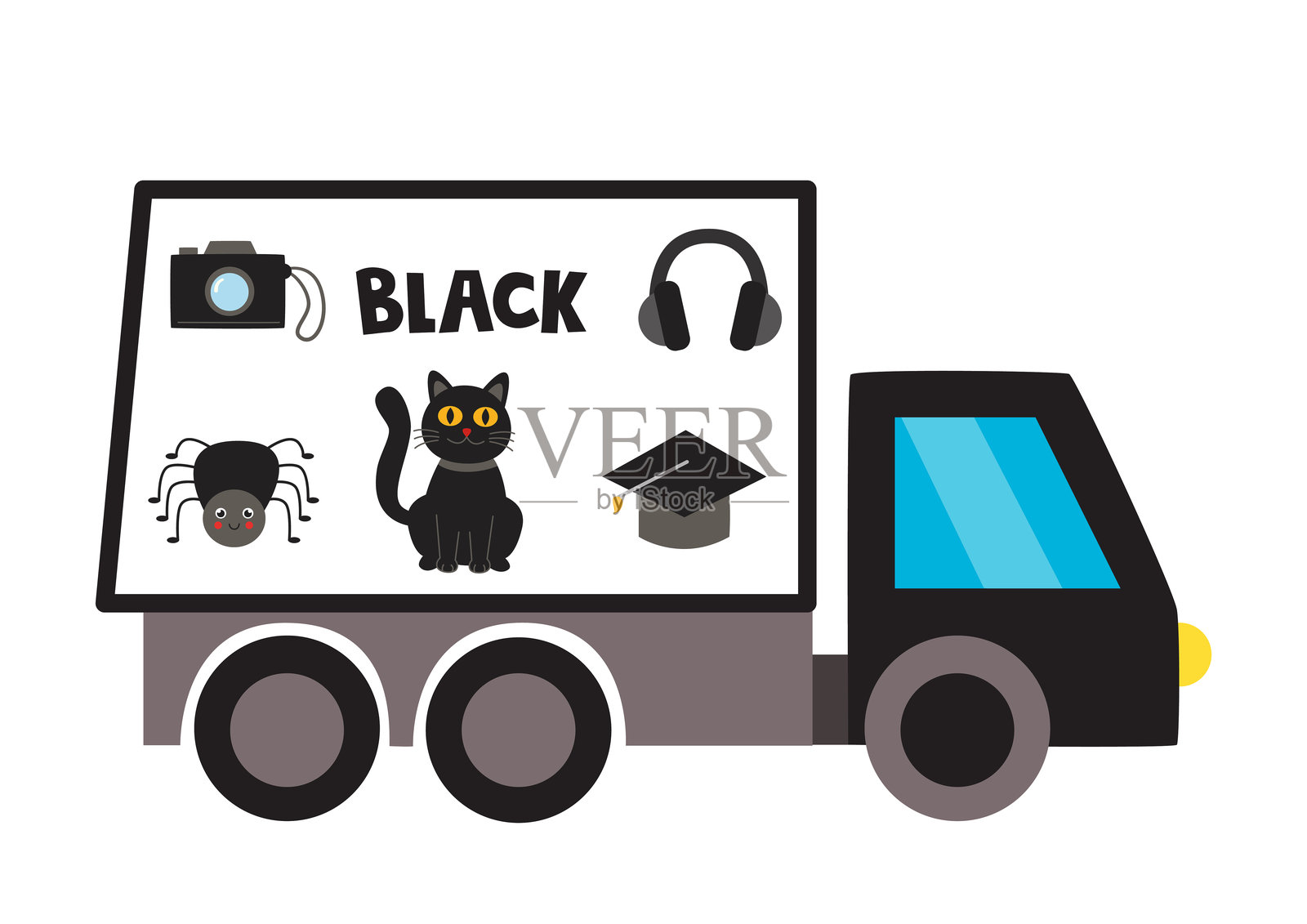 为孩子学习颜色。黑色闪存卡。黑色的卡车。插画图片素材