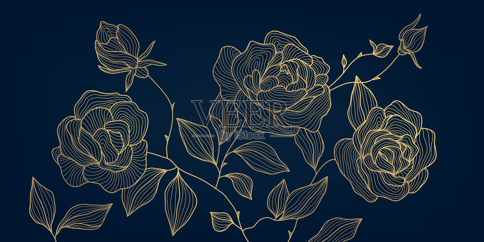 矢量金上的蓝色玫瑰线艺术，优雅的风格花的背景。树叶与绽放的春天设计，铜装饰，自然印花，墙壁艺术。插画图片素材