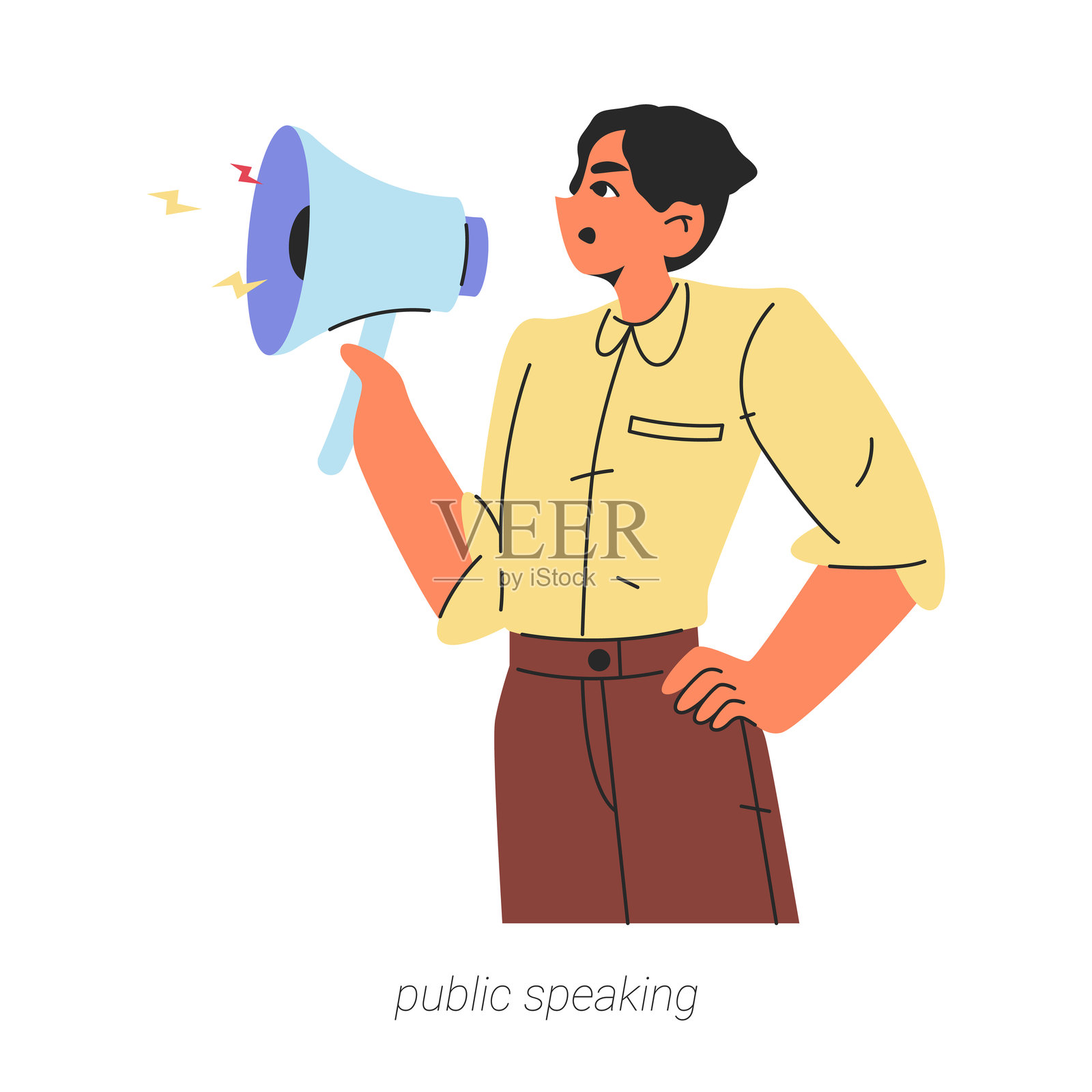 公共演讲软技能，为工作，商业和事业。矢量孤立扁平的卡通人物，个性能力清晰地传达给目标受众。拿着扩音器说话的人插画图片素材