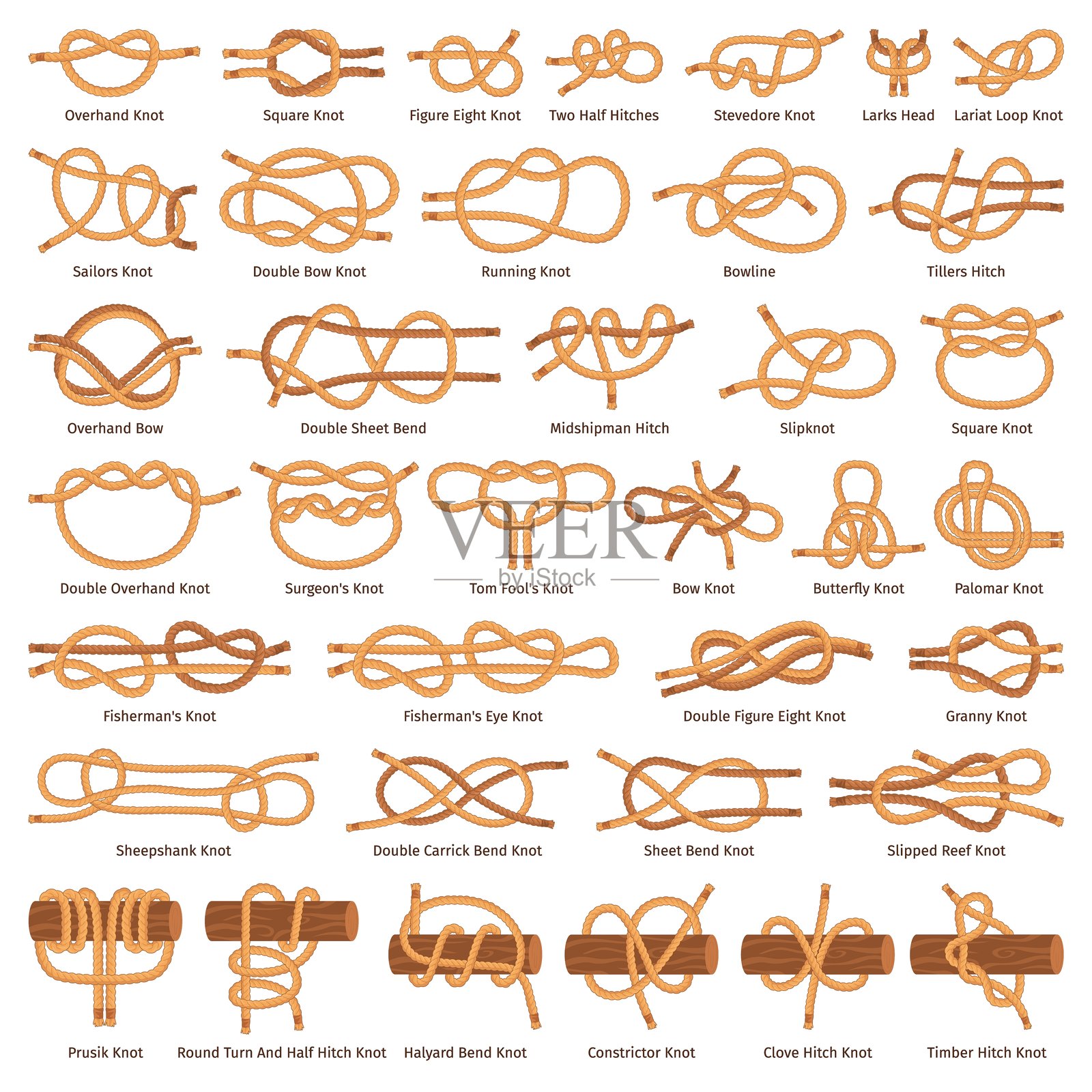 绳结类型。航海结卡通绳环节点上手方形弓形结水手弯曲渔民游艇海上船舶连接，线串节点时髦的矢量插图插画图片素材