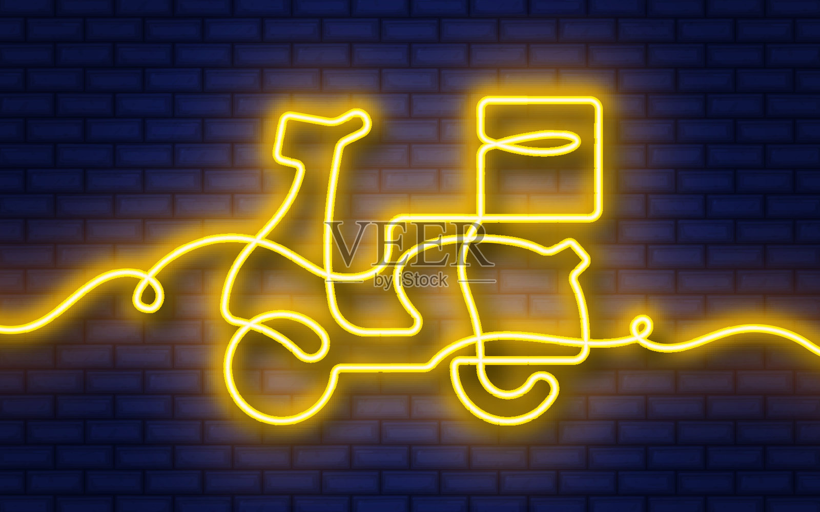 摩托车连续行霓虹灯图标孤立在砖墙背景。插画图片素材