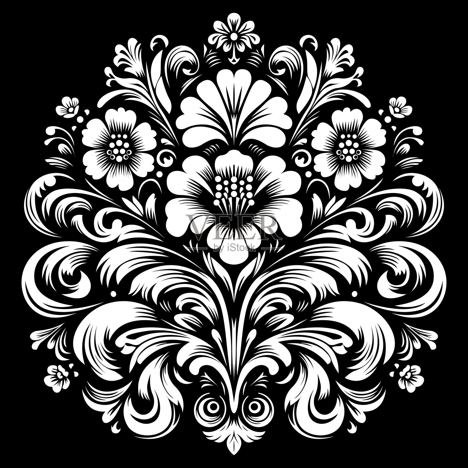 Khokhloma风格的黑白图案插画图片素材