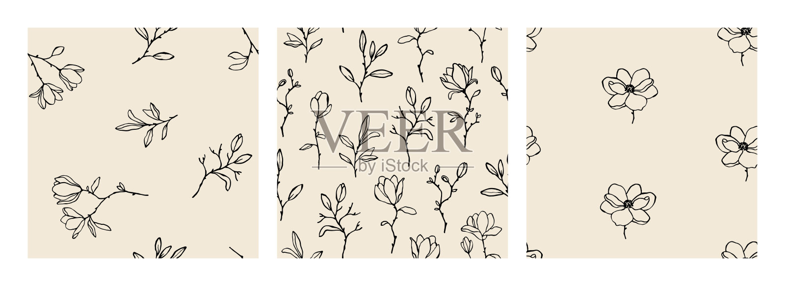 手绘一组矢量无缝图案与线条艺术玉兰花和树枝插画图片素材