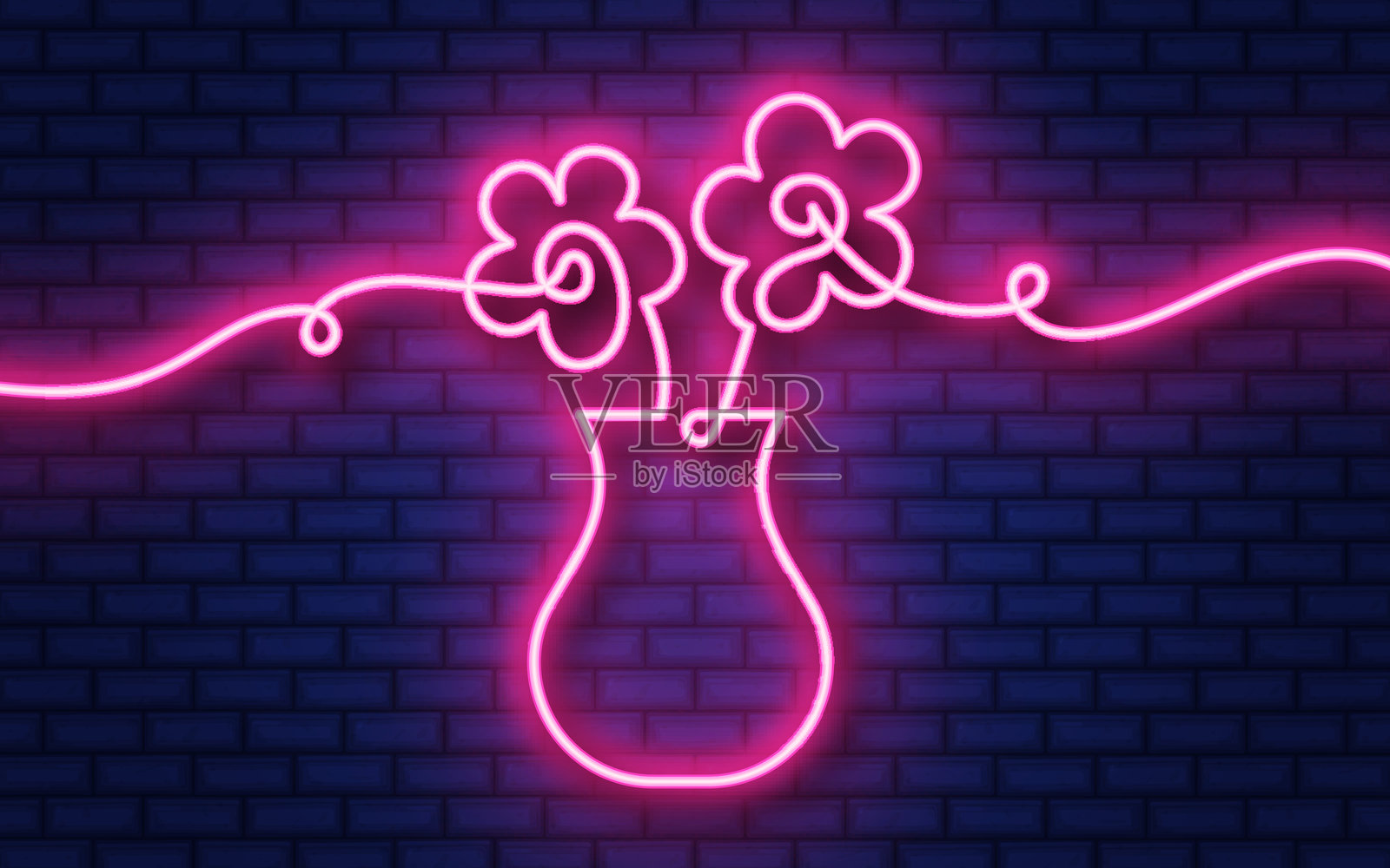 花盆连续线霓虹灯图标隔离在砖墙背景。插画图片素材