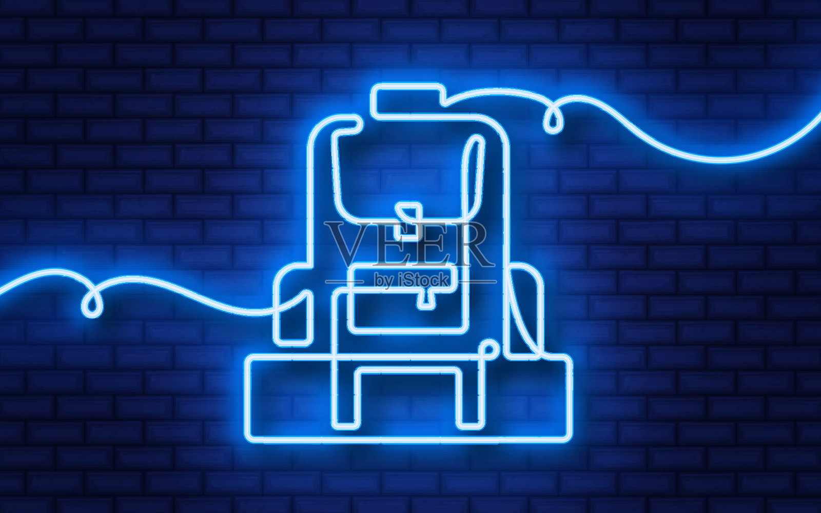 背包连续线霓虹图标孤立在砖墙背景。插画图片素材