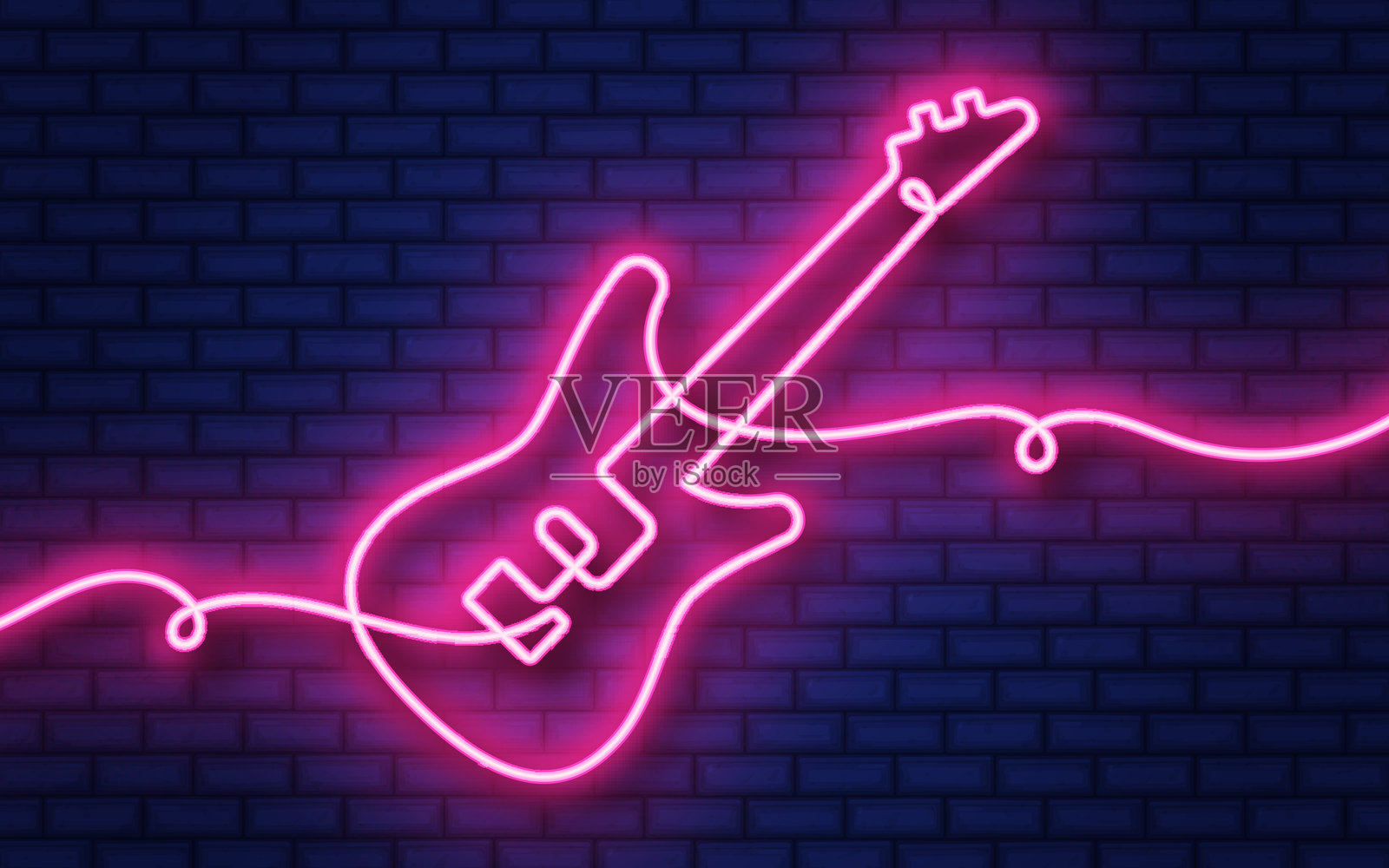 低音吉他连续线霓虹灯图标隔离在砖墙背景。插画图片素材