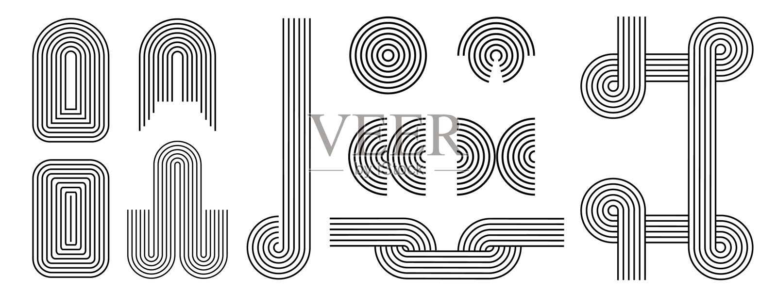 线性抽象几何元素，圆形，拱形，波浪，复古的中世纪形状图标集在波西米亚禅宗风格。包豪斯图案设计孟菲斯瑞士。可编辑的描边向量。插画图片素材