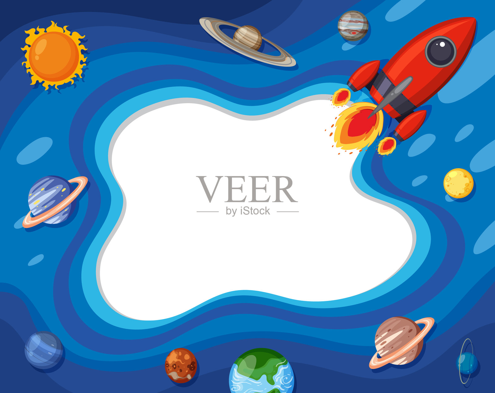 火箭发射到有行星环绕的太空插画图片素材