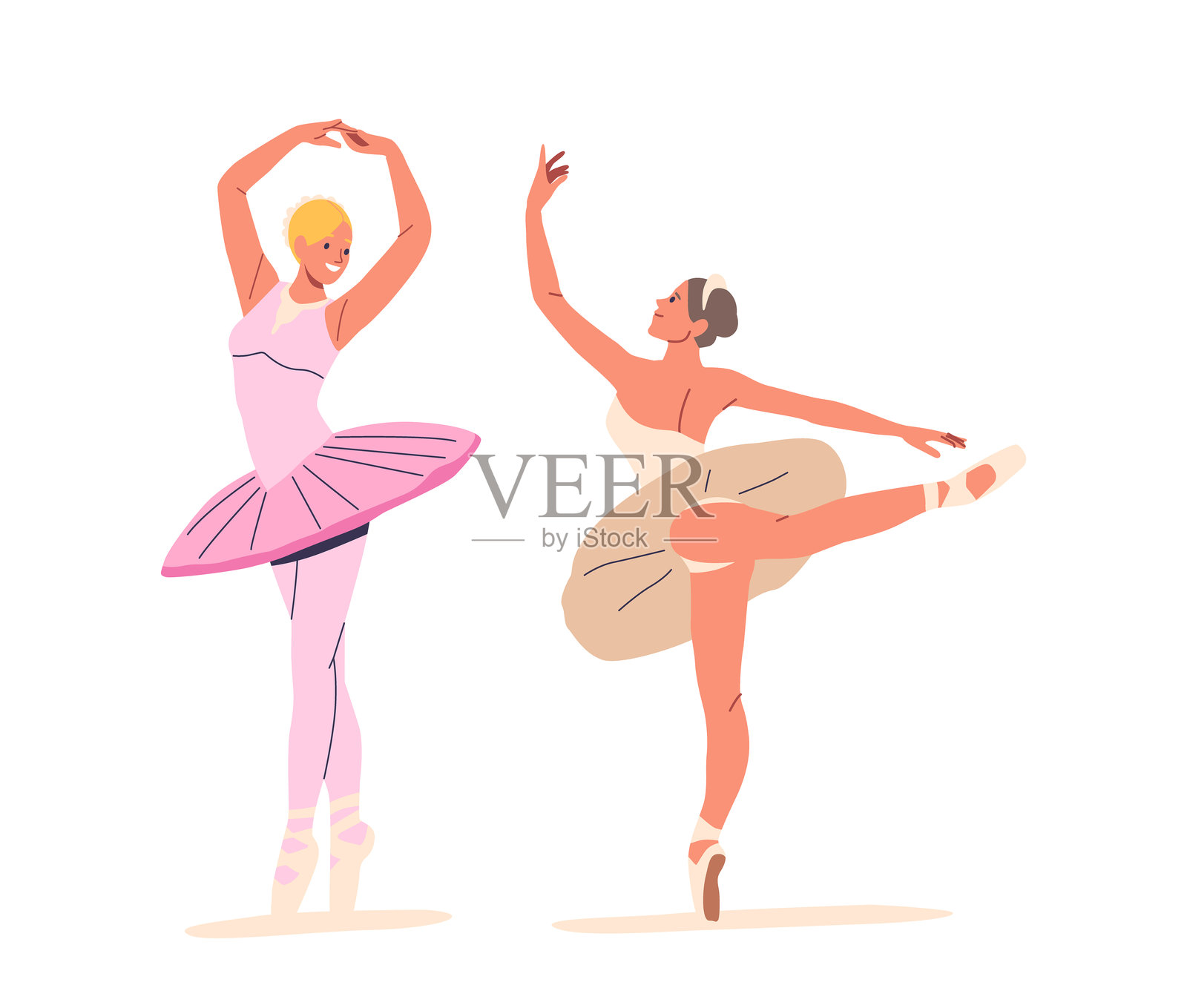 两位优雅的芭蕾舞演员穿着时尚的芭蕾舞服表演优雅的舞蹈动作，捕捉芭蕾舞的精髓插画图片素材
