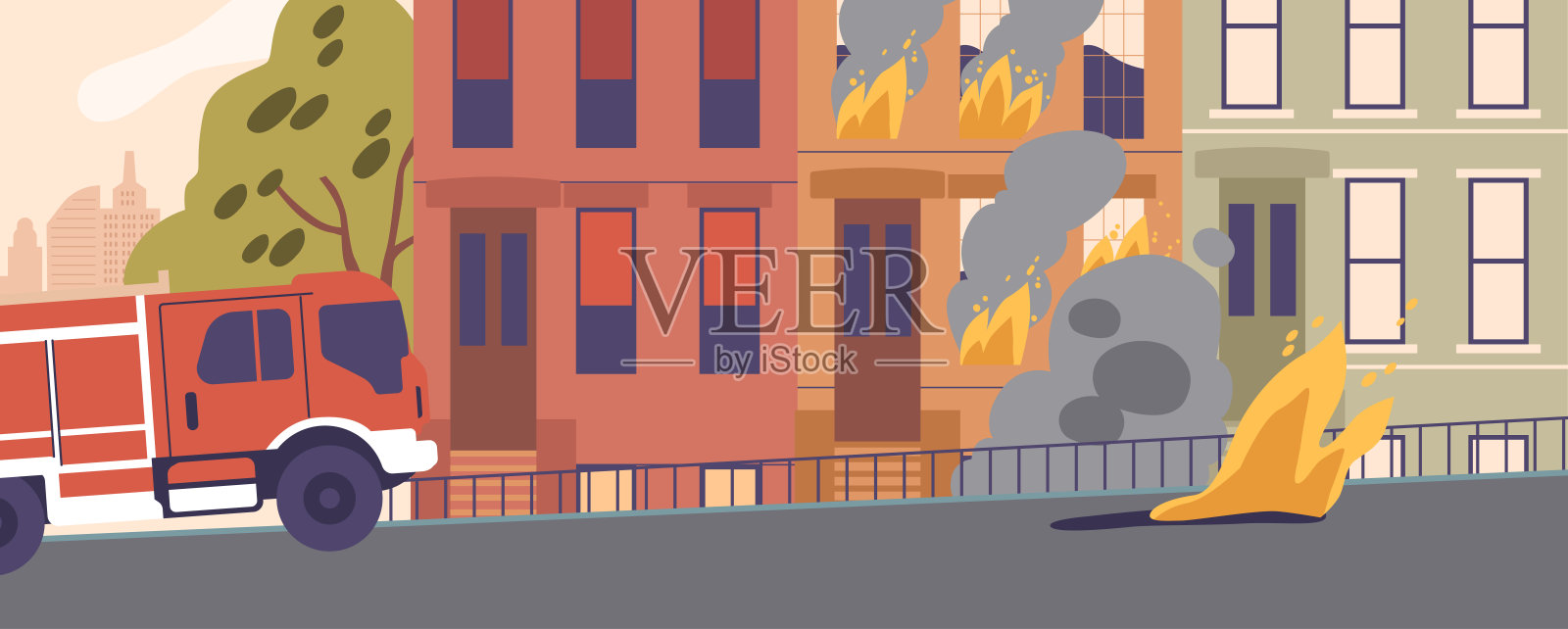 消防车抵达房屋火灾现场，火焰吞没了建筑物。烟从窗户冒出来插画图片素材