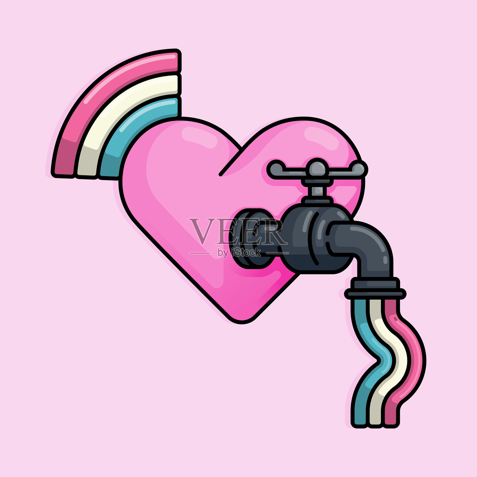 彩虹的卡通插图从水龙头里出来，装在爱的心里。可以用于生日、聚会、情人节、庆祝活动和印在t恤、卫衣、手提袋上吗插画图片素材