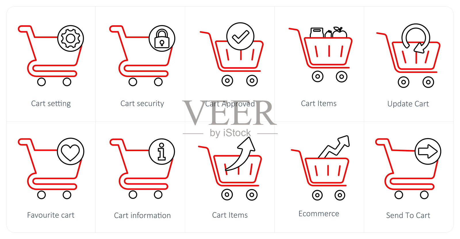 一组10个购物车图标作为购物车设置，购物车安全，购物车批准插画图片素材