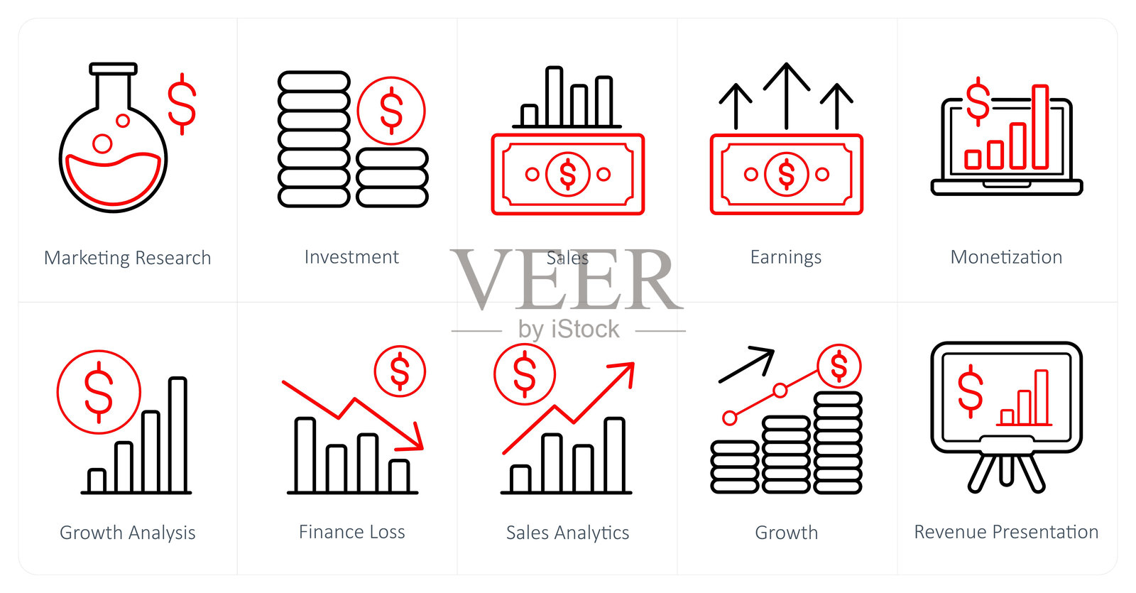 一套10个金融图标作为营销研究，投资，销售插画图片素材