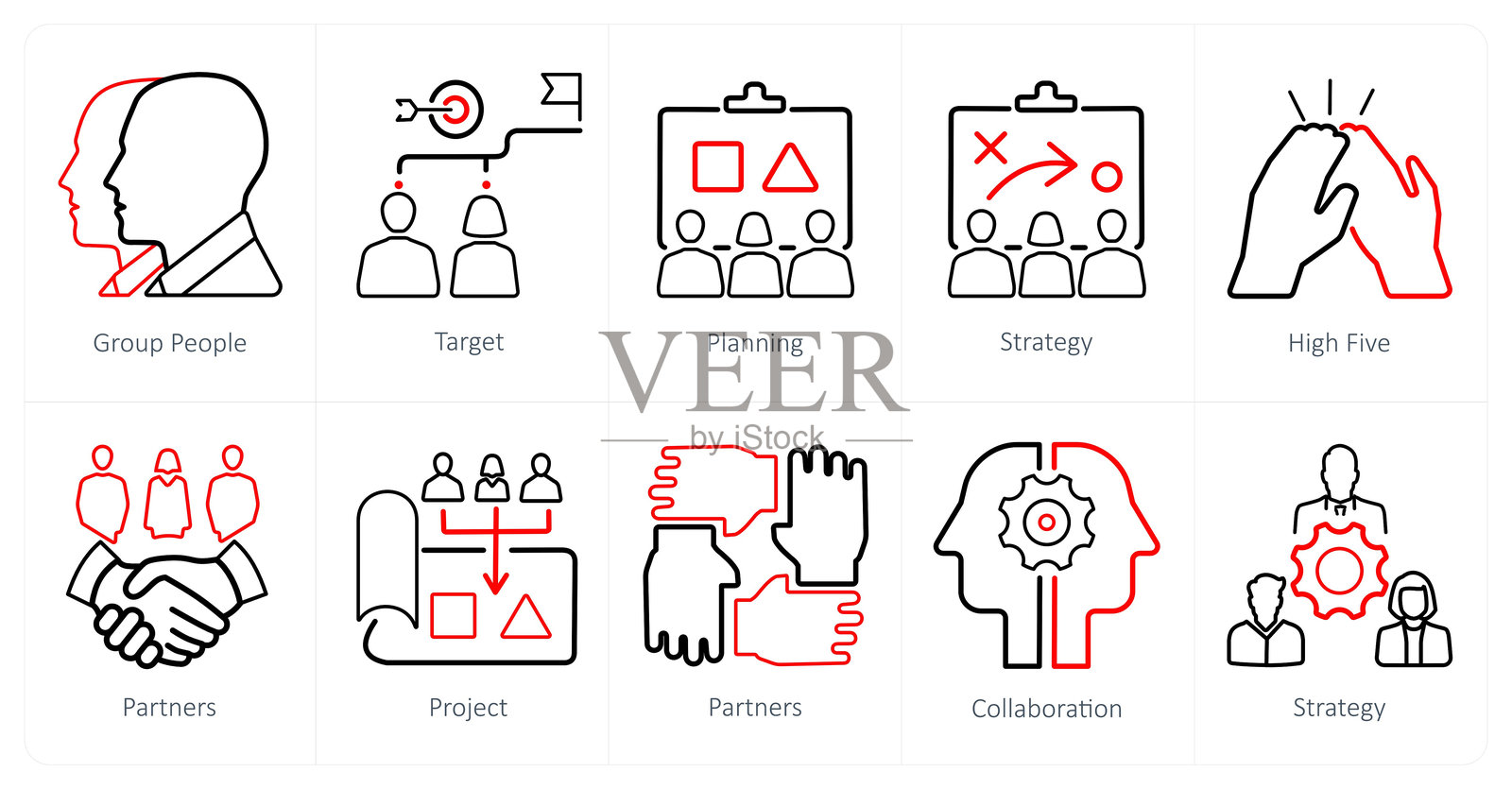 一组10个团队合作图标作为群体的人，目标，计划插画图片素材