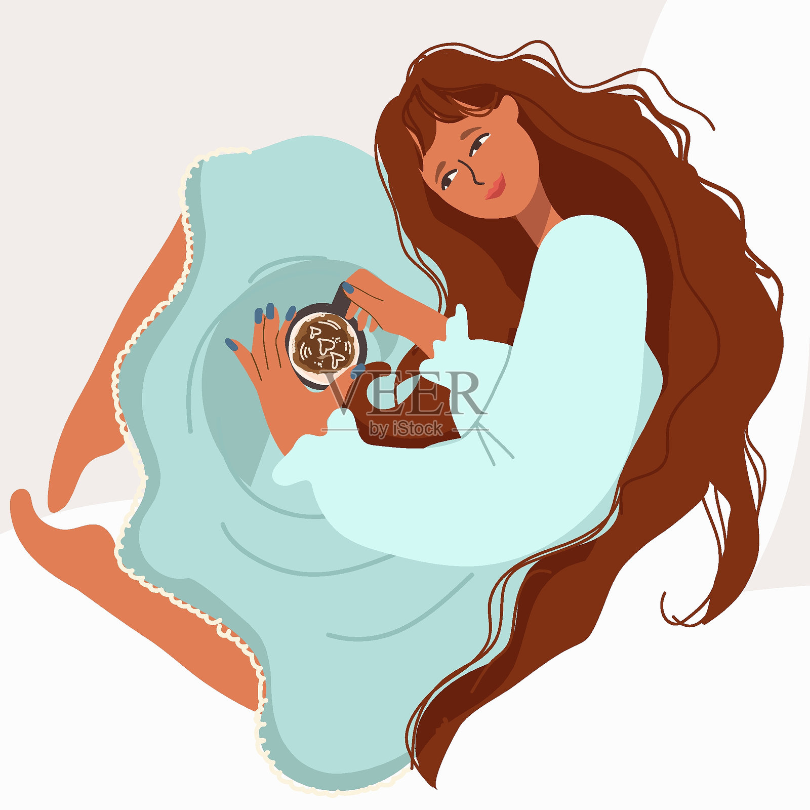 女人角色用热饮。冬天幸福，秋天茶或咖啡喝。手绘矢量插图。插画图片素材