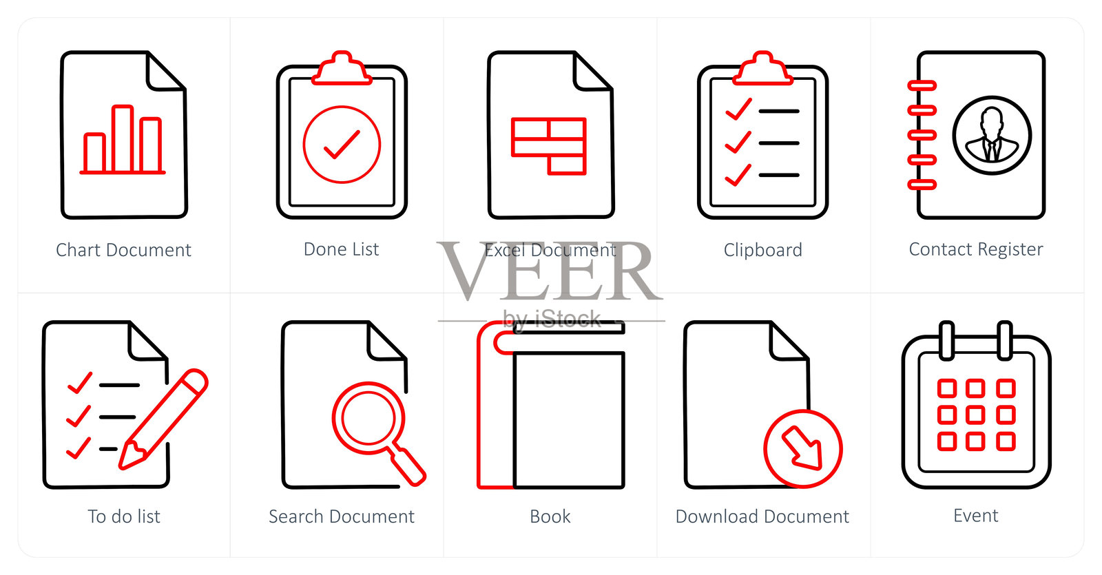 一组10个ui图标作为图表文档，完成列表，excel文档插画图片素材