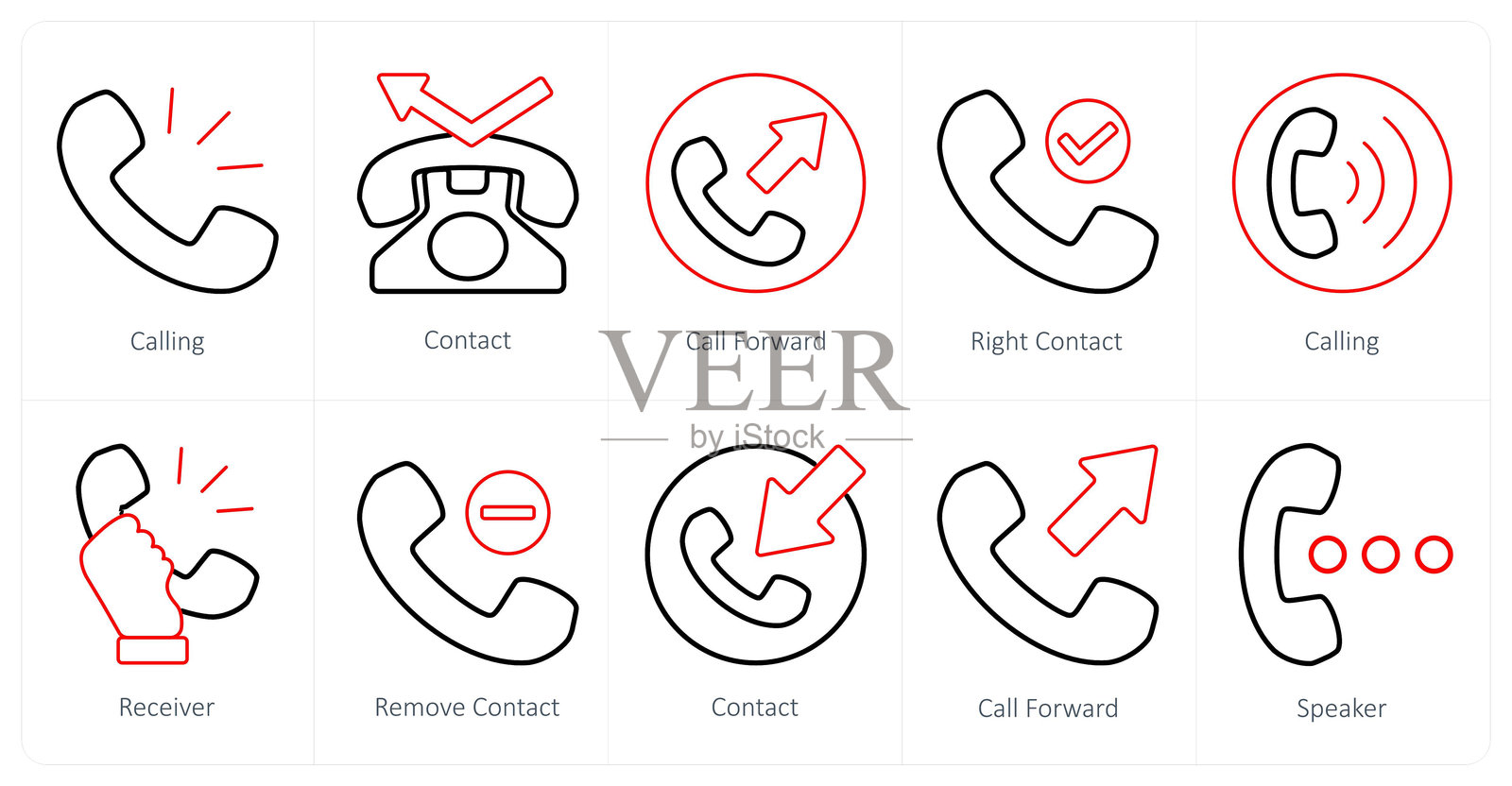 一组10个混合图标，如呼叫，联系，呼叫前转插画图片素材