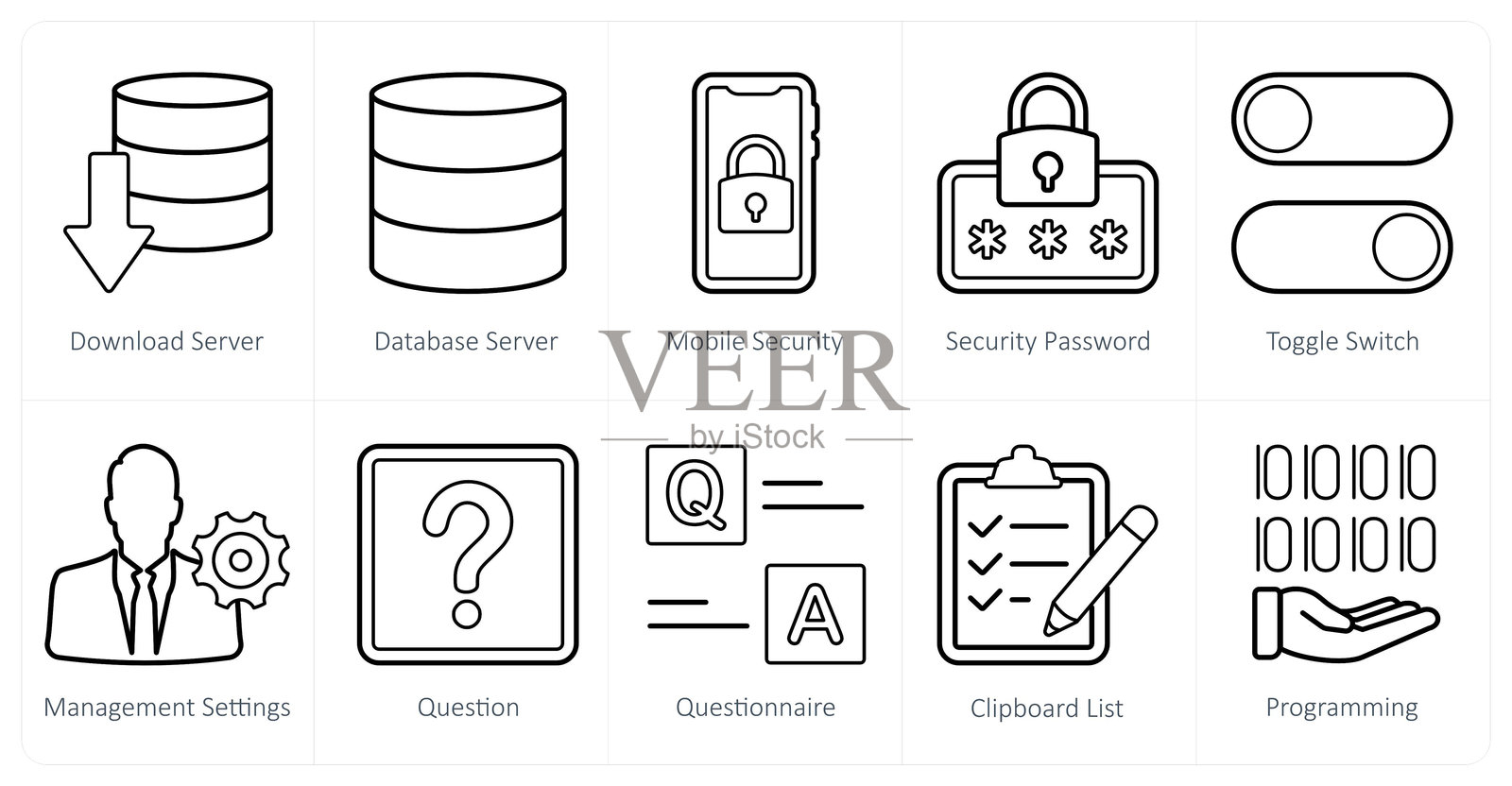一组10个混合图标作为下载服务器，数据库服务器，移动安全插画图片素材
