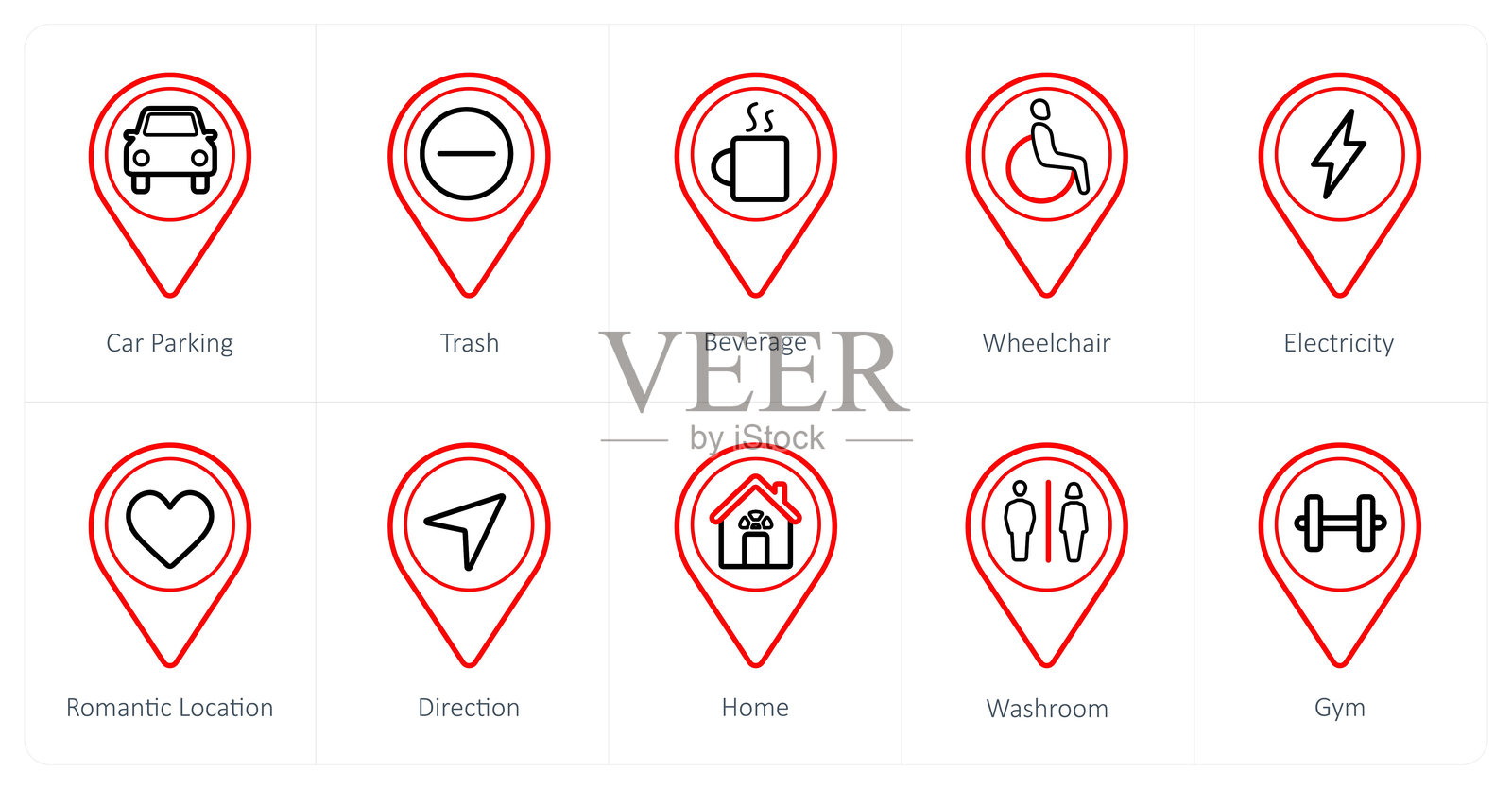 一组10个位置图标，如停车场，垃圾，饮料插画图片素材