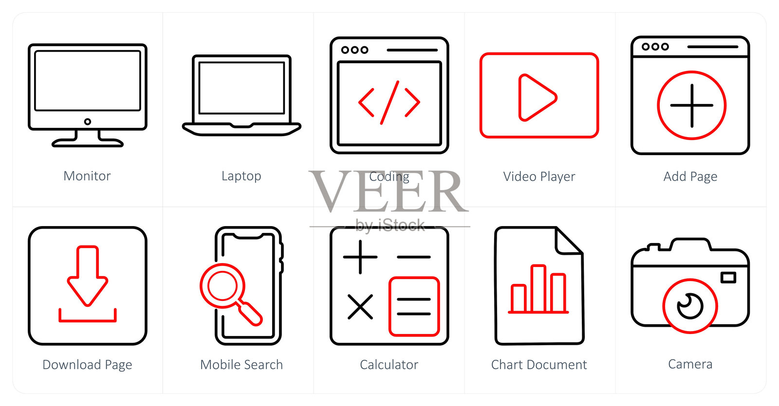 一组10个ui图标作为显示器，笔记本电脑，编码插画图片素材