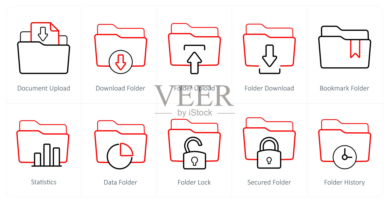 一组10个文件夹图标作为文档上传、下载文件夹、上传文件夹插画图片素材