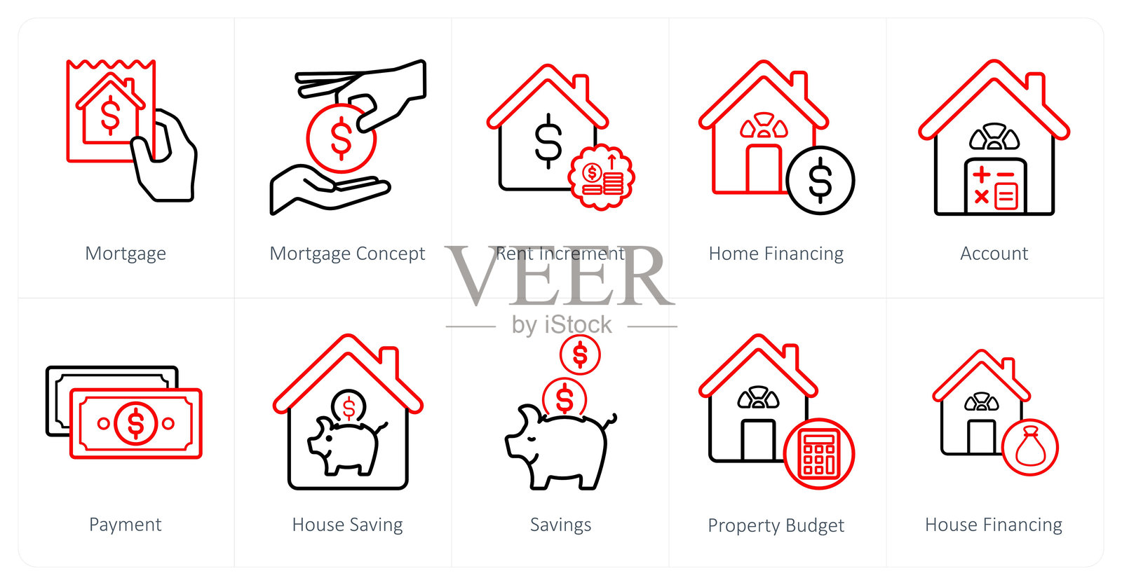 一套10个房地产图标作为抵押，抵押概念，租金增量插画图片素材