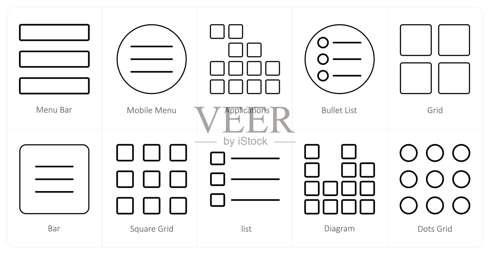 一组10个混合图标作为菜单栏，移动菜单，应用程序插画图片素材