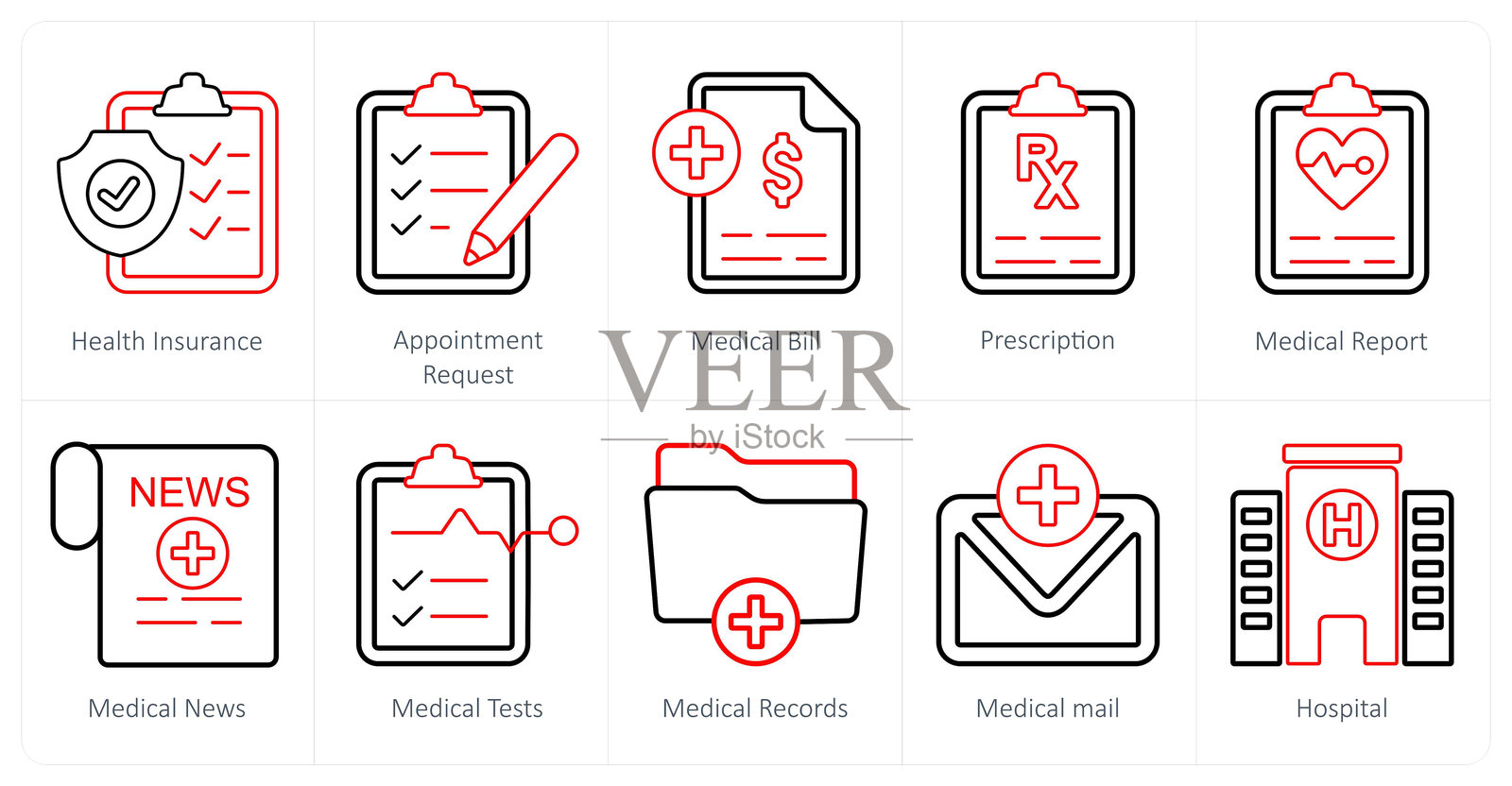 一套10个医疗图标，如健康保险，预约请求，医疗账单插画图片素材