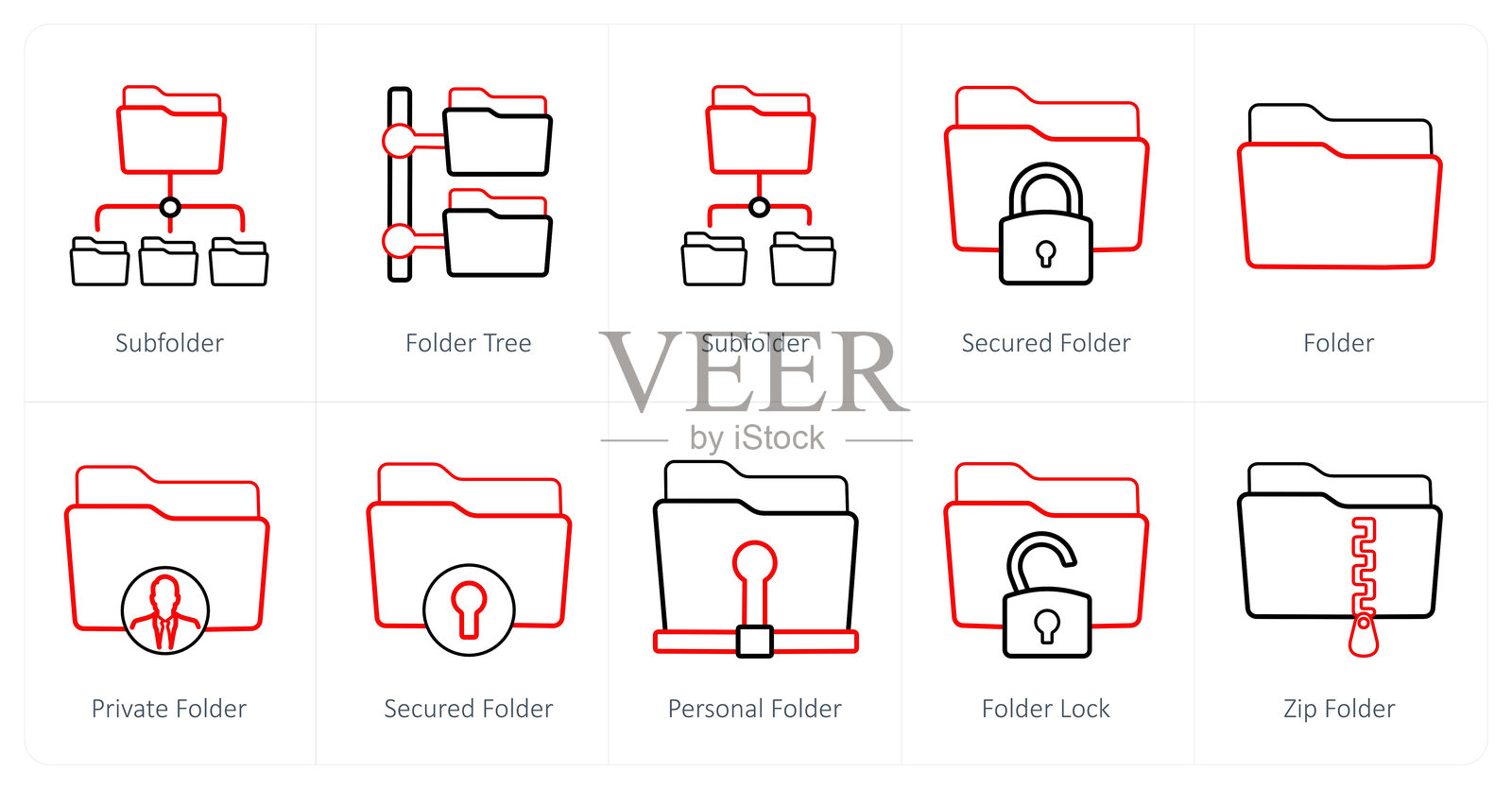 一组10个文件夹图标作为子文件夹，文件夹树，安全文件夹插画图片素材