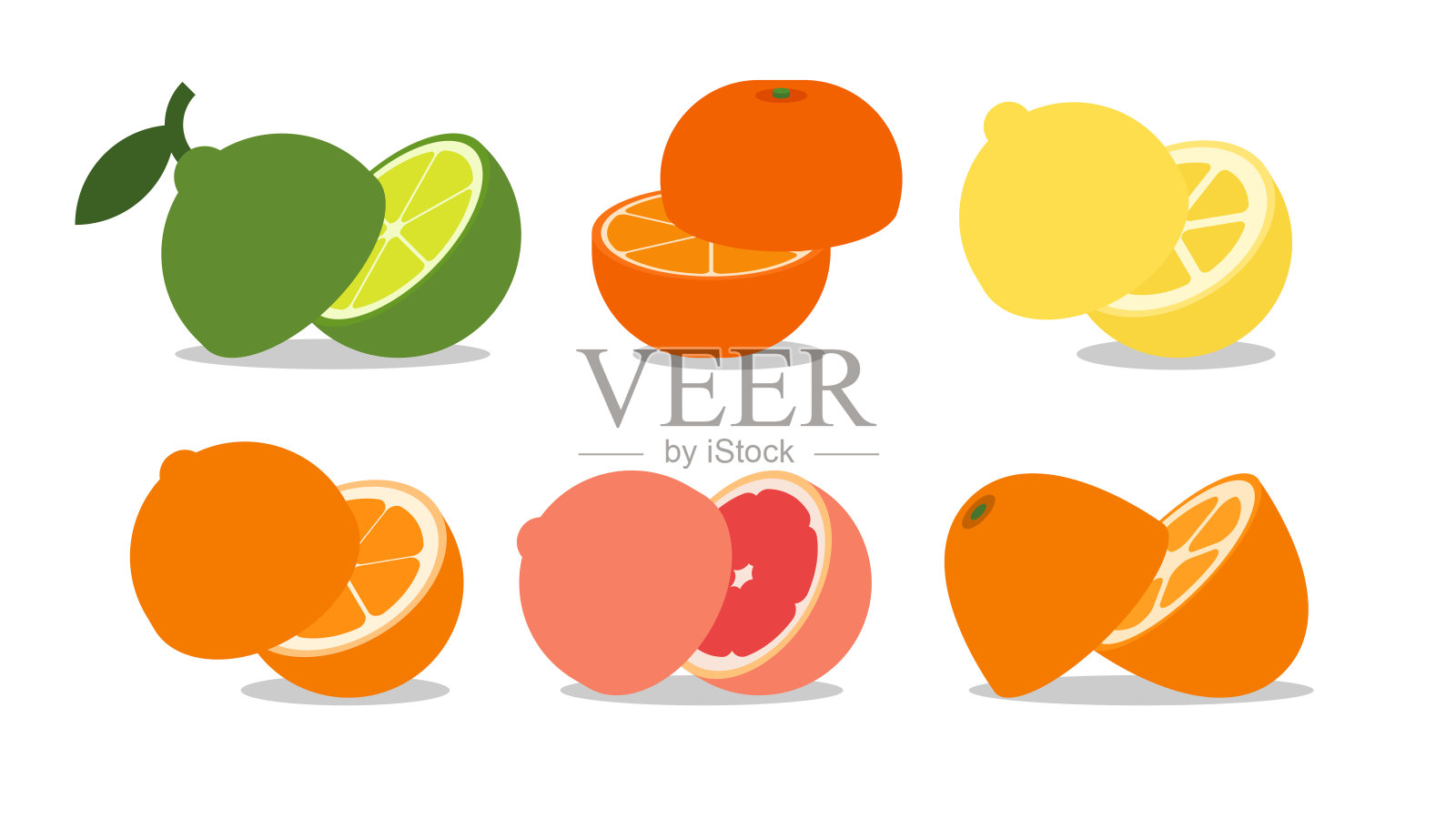 一套半分割柑橘类水果，柠檬，橙子，金桔，葡萄柚，甜酸橙，绿柠檬，橘子，普通话，简单的平面矢量插图。插画图片素材