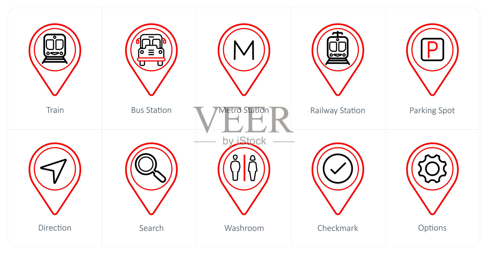 一套10个位置图标，如火车，汽车站，地铁站插画图片素材