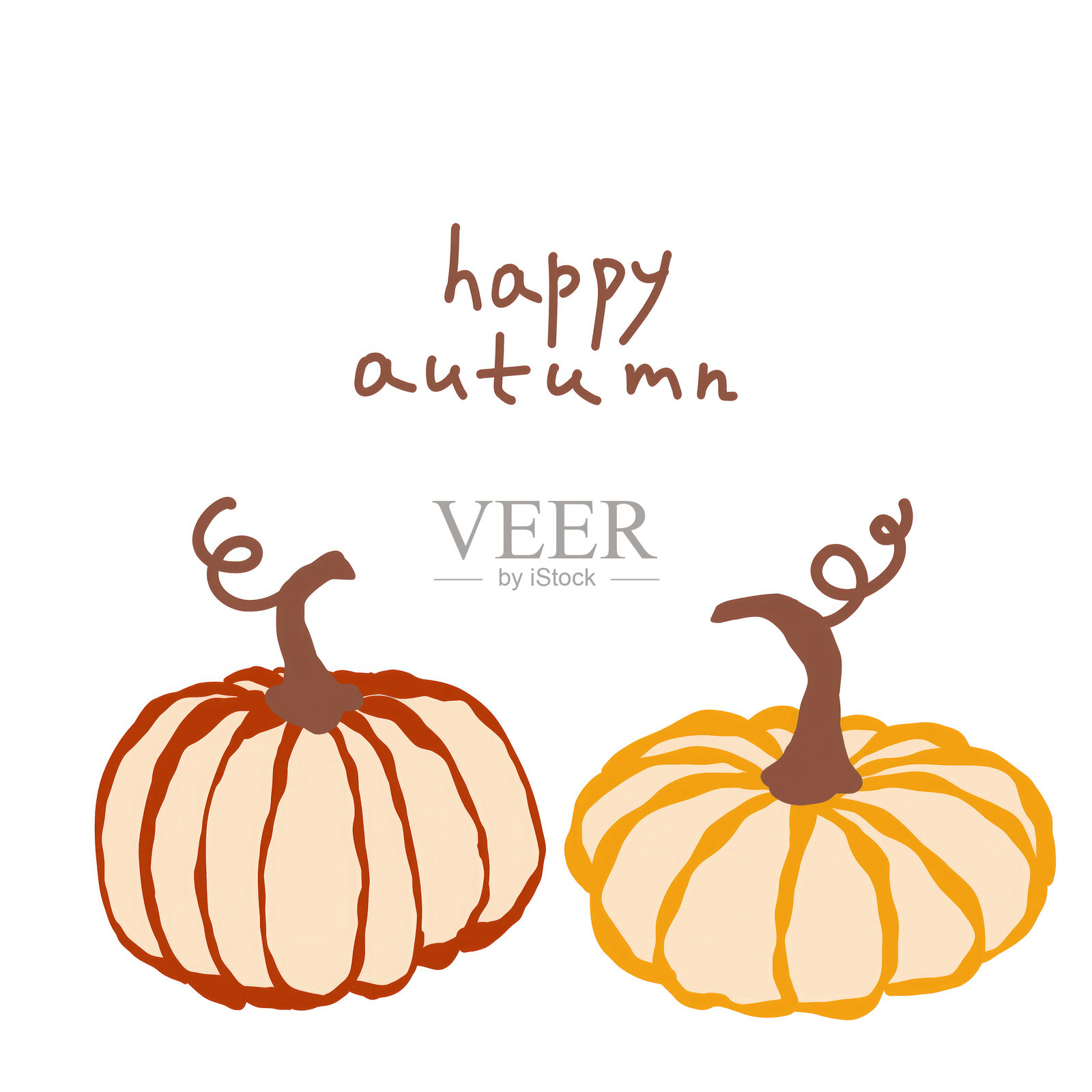 两个手工绘制的卷曲茎南瓜，以简单欢快的设计庆祝秋天的到来插画图片素材