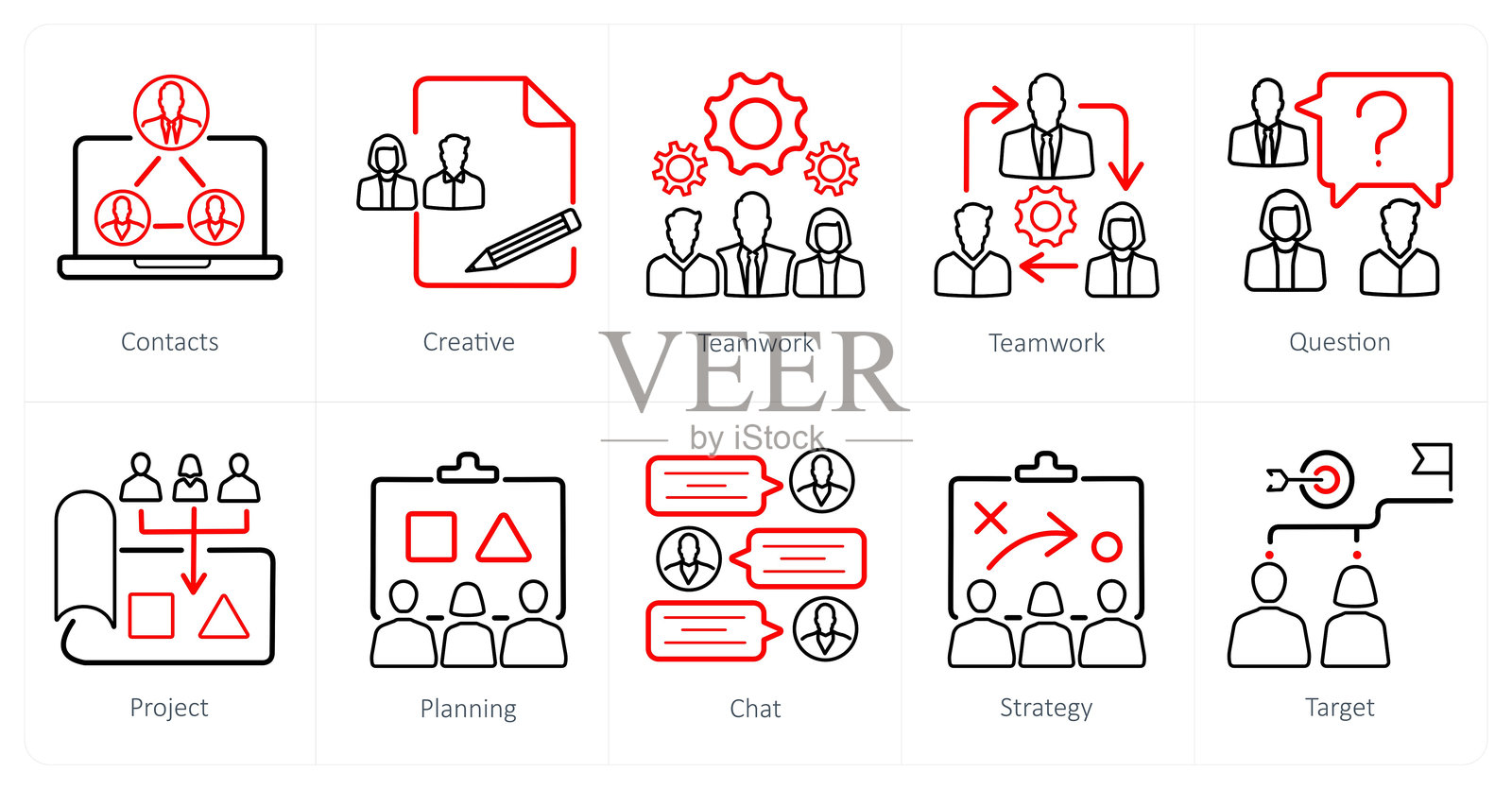 一组10个团队合作图标作为联系人，创意，团队合作插画图片素材