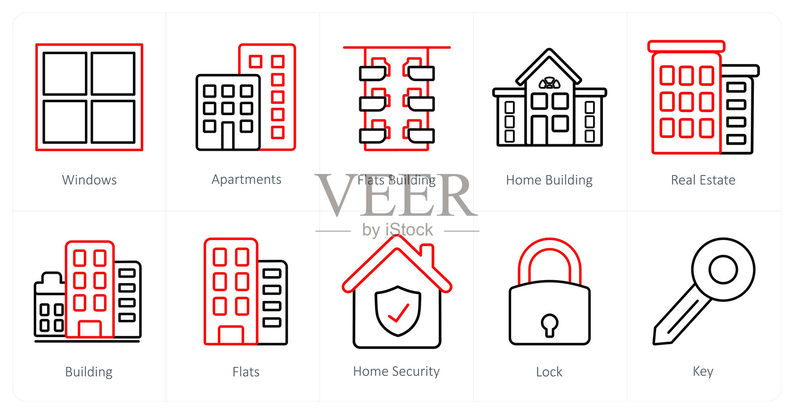 一套10个房地产图标作为窗户，公寓，公寓大楼插画图片素材