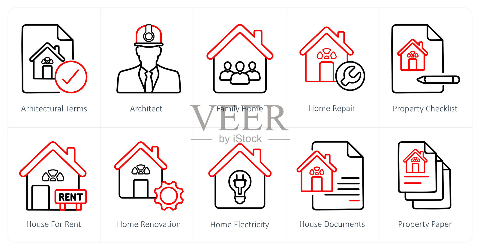 一组10个房地产图标作为建筑术语，建筑师，家庭住宅插画图片素材