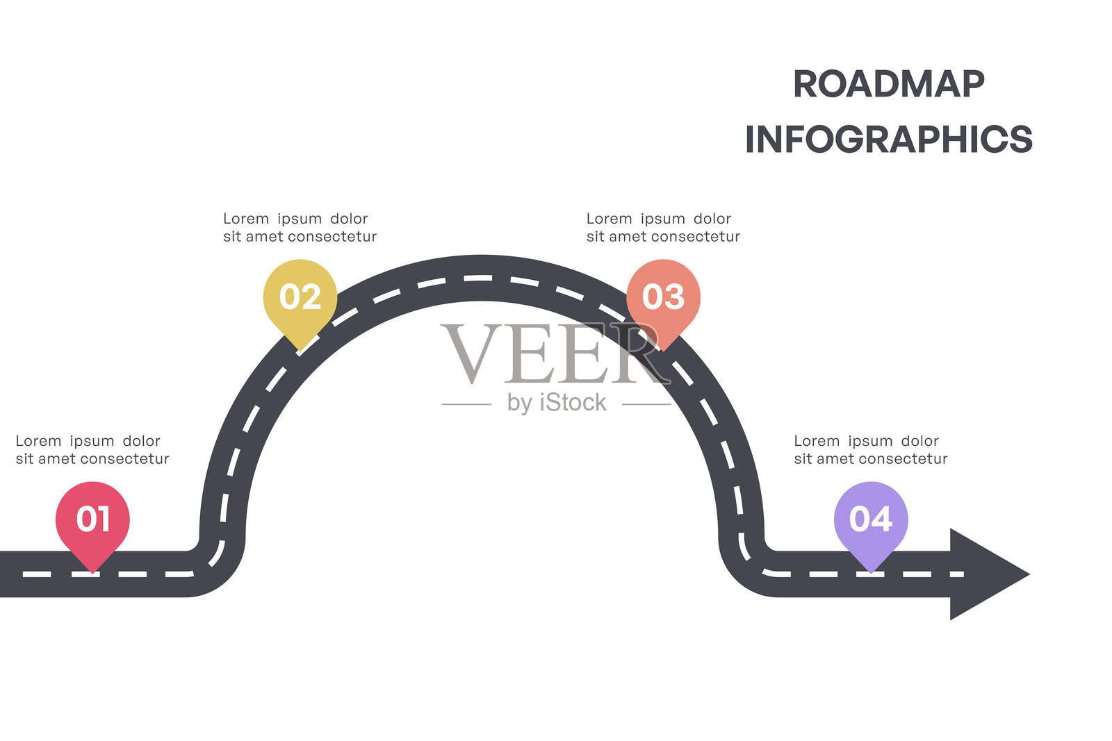 充满活力的里程碑路线图信息图与箭头和四个阶段插画图片素材