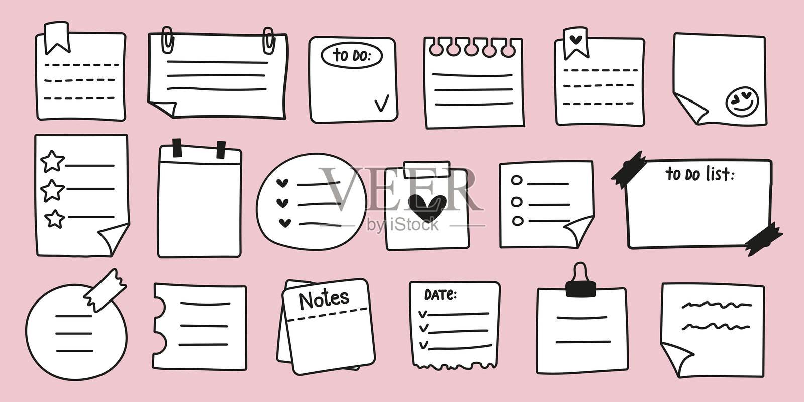 手绘备忘录纸页图标集在平面风格。简单的便利贴设置。对孤立的粉红色背景的说明矢量插图。备忘录涂鸦。各种纸贴纸。插画图片素材